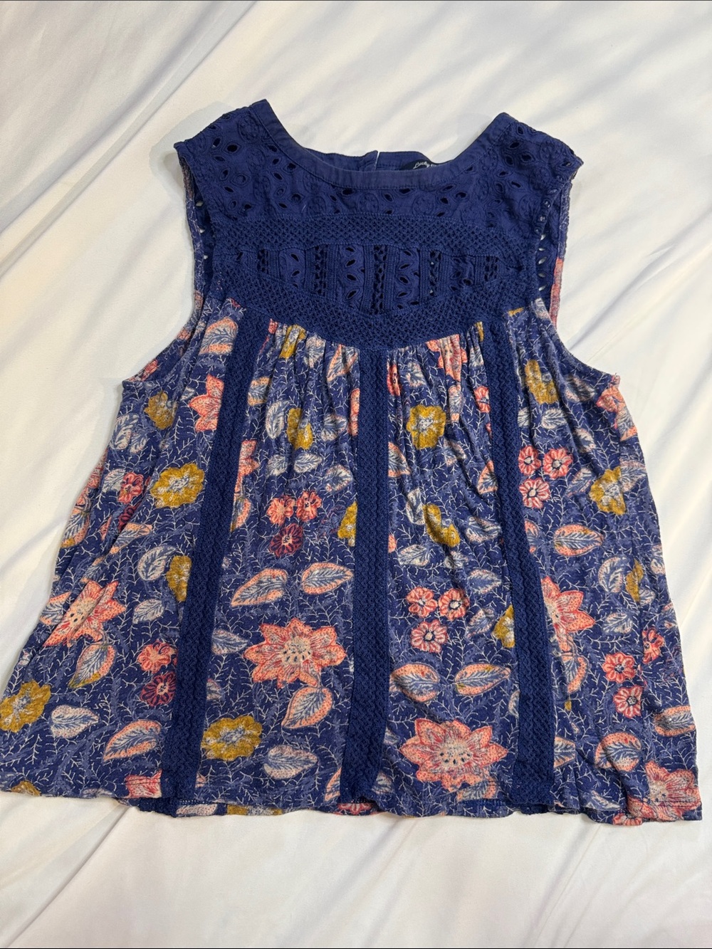Lucky Brand Navy Floral Crochet Yoke Tank with Coral and Mustard Blooms